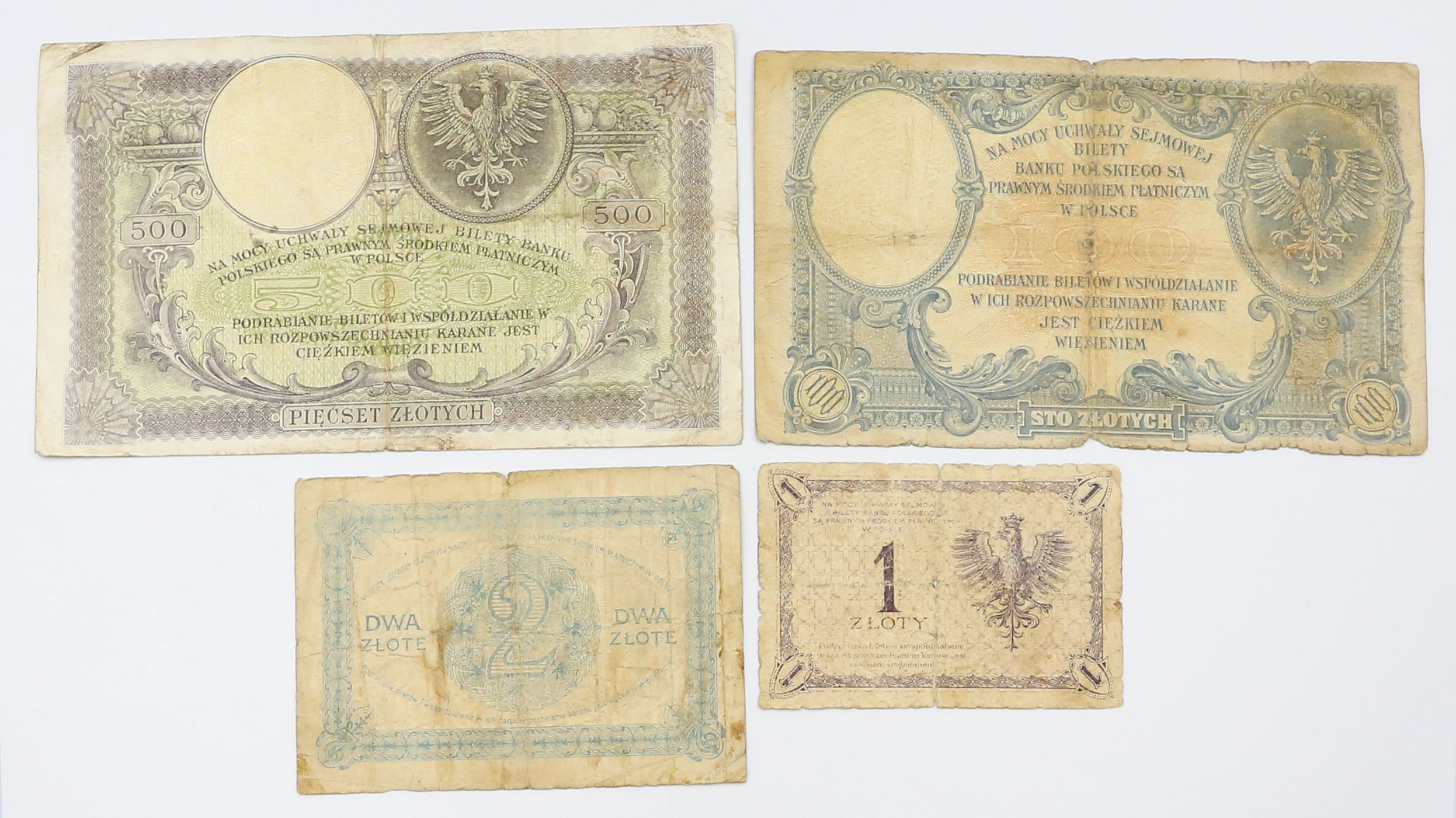 1-500 złotych 1919 Kościuszko, zestaw 4 banknotów